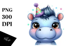 Cute Baby Hippo with Party Hat, PNG Product Image 1