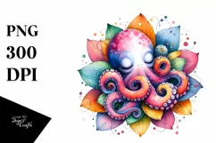 Colorful Watercolor Octopus Sleeping in a Flower Product Image 1
