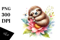 Baby Sloth Sleeping on Flower PNG Product Image 1