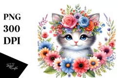 Cartoon-Style Watercolor Flower Crown Kitten Clipart Product Image 1