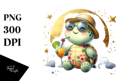 Watercolor Turtle in Beachwear with Cocktail PNG Product Image 1