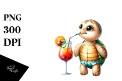 Watercolor Turtle in Beachwear with Cocktail PNG Product Image 1