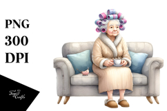 Old Lady with Hair Curlers, Tea Cup | Clipart Product Image 1