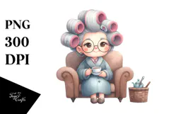 Old Lady with Hair Curlers, Tea Cup | Clipart Product Image 1