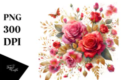 Colorful Red Roses with Gold Insertions, PNG Product Image 1