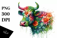 Abstract Vibrant Cow with Plant Leaves and 3D Flowers, PNG Product Image 3