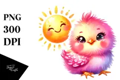 Watercolor Cute Baby Chicken with Smiling Sun PNG Product Image 1