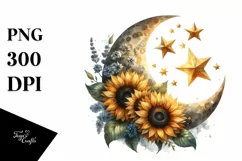 Vintage Half Moon with Sunflowers Clipart, Transparent PNG Product Image 1