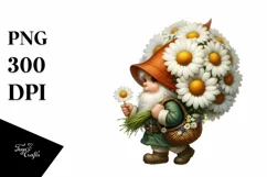 Small Gnome Carrying Large Daisy Bouquet | Clipart Product Image 1