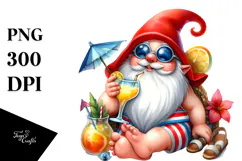Whimsical Watercolor Gnome Drinking Cocktail PNG Product Image 1
