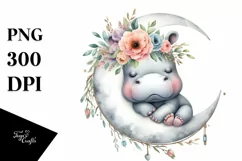 Baby Hippo Sleeping on the Moon | Clipart Product Image 1