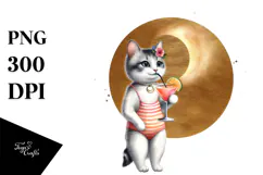 Watercolor Cat in Beachwear PNG Product Image 1