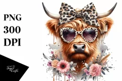 Elegant Highland Cow with Animal Print Sunglasses PNG Product Image 1