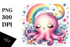 Cute Baby Octopus with Flowers PNG Product Image 3