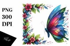 Vibrant Butterfly with Plant Leaves and 3D Flowers, PNG Product Image 3