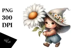Watercolor Cute Baby Gnome with Daisy Frame PNG Product Image 1