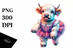 colorful Highland Cow with Minuet Dancer's Outfit PNG Product Image 1