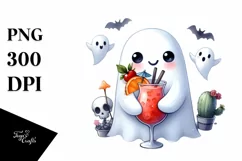 Simple Halloween Cute Ghost with Cocktail PNG Product Image 1