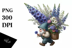 Detailed Gnome with Delphinium Bouquet Sublimation Clipart Product Image 1