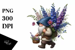 Detailed Gnome with Delphinium Bouquet Sublimation Clipart Product Image 1