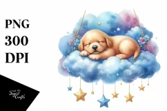 Watercolor Puppy Sleeping on Cloud with Hanging Stars Product Image 4