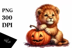 Cute Baby Lion Holding Halloween Pumpkin Product Image 1