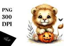Cute Sitting Lion with Halloween Pumpkin, PNG Product Image 3