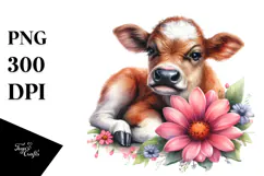 Baby Cow Sleeping on Flower PNG Product Image 1