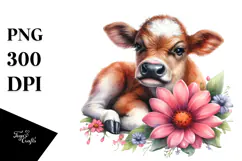 Sleeping Baby Cow on Flower, High-Quality PNG Product Image 1