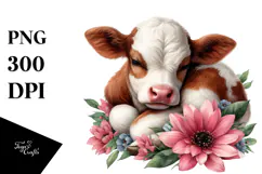 Digital Baby Cow Sleeping on Flower, Transparent PNG Product Image 1