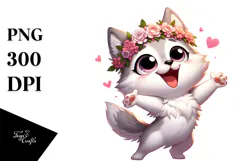 Happy Cartoon Wolf with Flower Crown PNG Product Image 1