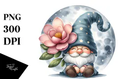 Cute Gnome with Hat and Magnolia, PNG Product Image 1