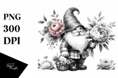 Detailed Black and White Gnome with Peony Bouquet Product Image 1