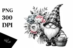 Detailed Black and White Gnome with Peony Bouquet Product Image 3