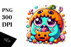 Funny Pumpkin Monster Eating Candy PNG Product Image 1