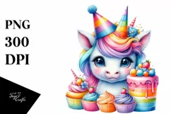 Colorful Baby Unicorn with Party Hat, Transparent PNG Product Image 3