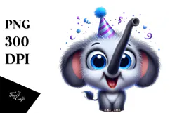 Silly Cartoon Elephant with Party Hat PNG Product Image 1