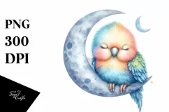 Colorful Baby Parrot Sleeping on Moon | Clipart Product Image 1