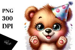 Energetic Baby Bear with Party Hat, Transparent PNG Product Image 1