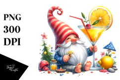 Whimsical Watercolor Painting with Gnome Drinking a Cocktail Product Image 1