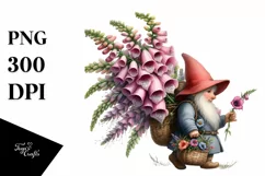 Gnome with Foxglove Flower Bouquet Watercolor | Clipart Product Image 1