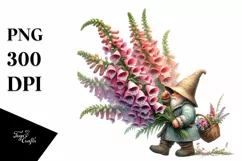 Gnome with Foxglove Flower Bouquet Watercolor | Clipart Product Image 1