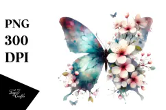 Grungy Butterfly with Spring Flowers, Transparent PNG Product Image 1