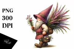 Gnome with Heather Flower Bouquet Watercolor | Clipart Product Image 1