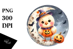 Cute Chicken Halloween Moon Watercolor PNG Product Image 1