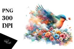 Bird with Flowers Watercolor, Artistic PNG Product Image 1