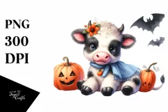 Cute Cow in Halloween Scene Sublimation Clipart Product Image 1