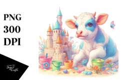 Colorful Baby Cow Building Sandcastle, PNG Product Image 1