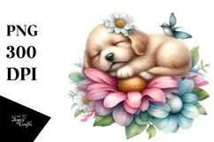 Baby Puppy Sleeping on Flower PNG Product Image 1