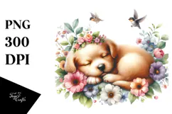 Baby Puppy Sleeping on Flower PNG Product Image 1